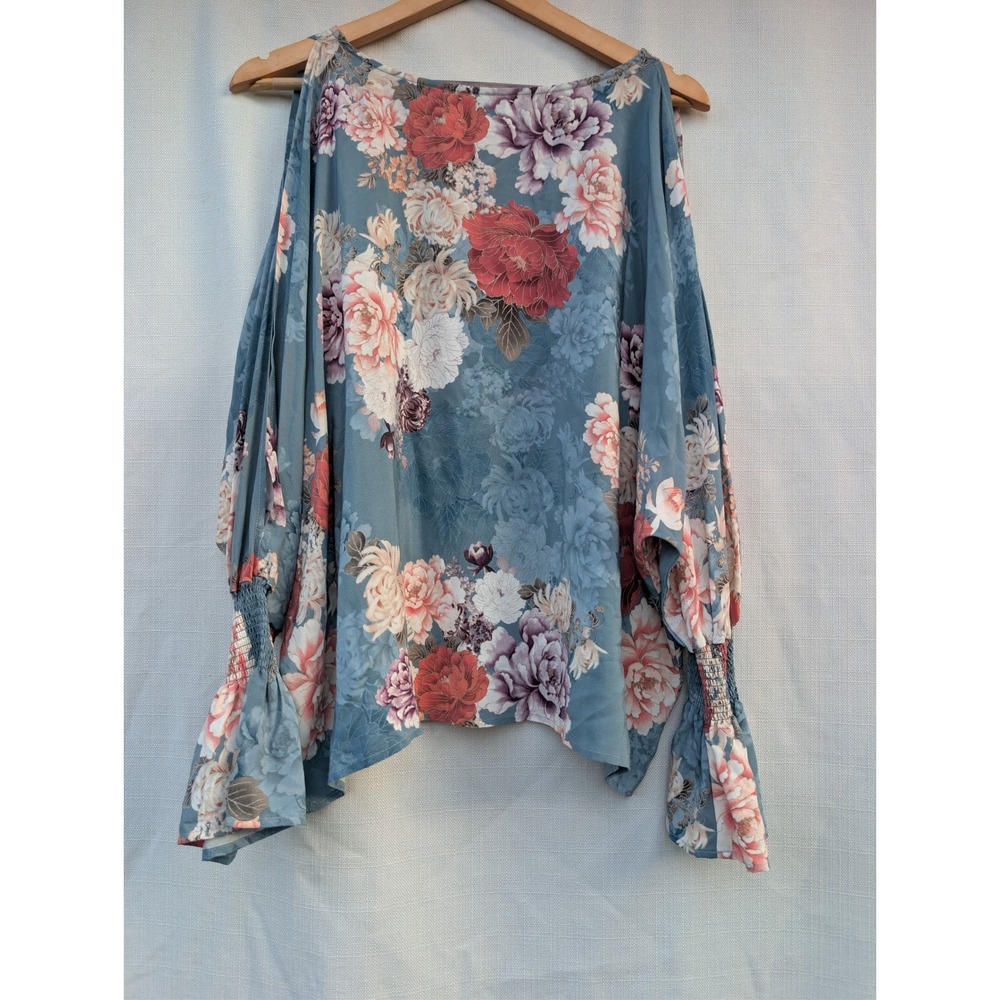 Jade Johnny Was Blouse Womens S Blue‎ Floral Silk Split Sleeve Boho Peasant